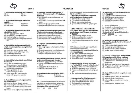 8 sınıf türkçe fiilimsiler test indir pdf cevaplı